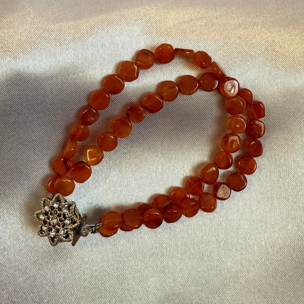 Double Strand Carnelian Bracelet with Vintage-Inspired Floral Clasp